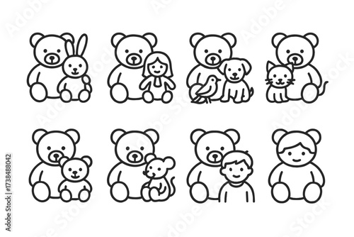 Teddy Companions Outline Icons. Outline icon set of teddy bear companions: teddy with bunny, teddy with doll, teddy with puppy, teddy with kitten, teddy with