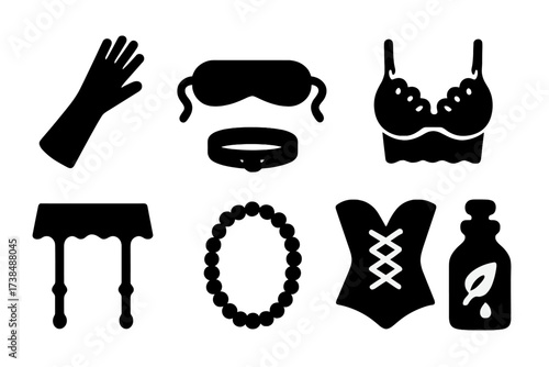 Sensual Accessories Icons. Solid, filled icon set of sensual accessories: silk glove, blindfold, choker necklace, lace bra, garter belt, pearl string, corset,