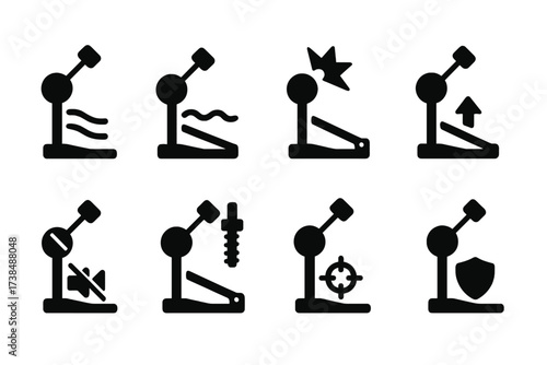 Double Pedal Icons Set. Solid, filled icon set of double pedal sound characteristics: fast response, smooth action, powerful attack, consistent rebound, quiet