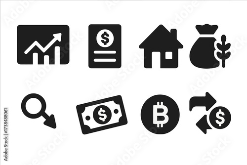 Investment Instruments Icons. Solid, filled icon set of fund investment instruments: stocks, bonds, real estate, commodities, derivatives, cash,
