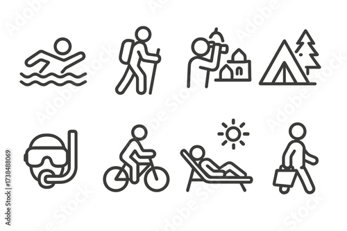 Vacation Activity Icons. Outline icon set of vacation activities: swimming, hiking, sightseeing, camping, snorkeling, biking, sunbathing, shopping. Line icons