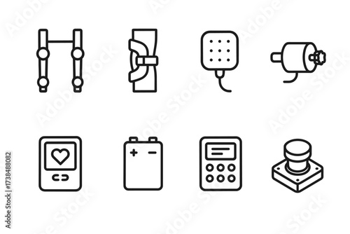 Medical Exosuit Icon Set. Outline icon set of medical exosuit: support frame, joint brace, sensor pad, actuator motor, health monitor, battery module, control