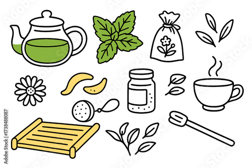 Herbal Tea Essentials. Herbal Tea Set. Hand-drawn doodle illustration Herbal Tea Set glass teapot (accented), mint sprig (accented), lavender sachet, chamomile