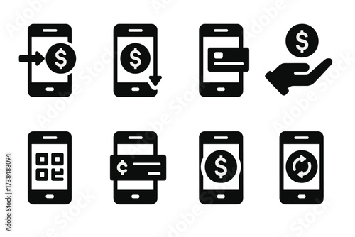 Mobile Banking Icons. Solid, filled icon set of mobile banking transactions: send money, receive money, request payment, scan QR code, deposit check, currency