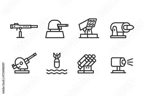Gunboat Weapons Icons. Outline icon set of gunboat weapons systems: machine gun, cannon turret, missile launcher, torpedo tube, anti-aircraft gun, depth