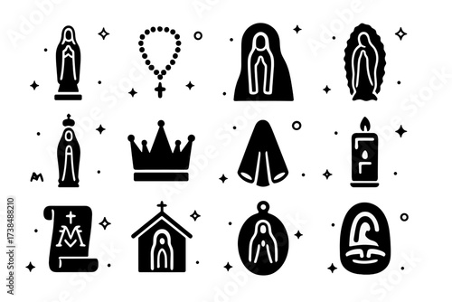 Marian Devotional Icons. Marian devotion. Solid icons set of Virgin Mary statue, rosary, Lourdes grotto, Guadalupe icon, Fatima figure, Marian crown, blue
