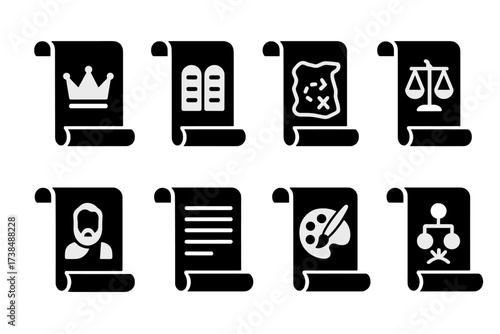Iconic Scroll Collection. Solid, filled icon set of parchment scroll types: royal edict, religious scroll, explorer?s map, ancient law, philosopher?s notes,