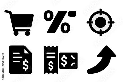 Sales Forecast Icons. Solid, filled icon set of sales forecast: shopping cart, percentage, calendar, target, invoice, receipt, dollar bill, upward arrow.