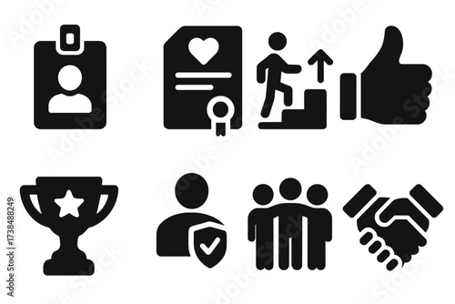 Employee Loyalty Icon Set. Solid, filled icon set of employee loyalty elements: employee badge, commitment document, long-term contract, promotion ladder,