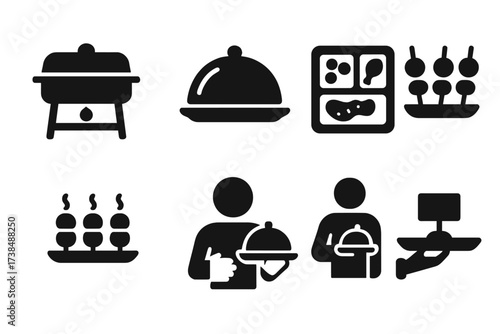 Catering Icons Grid. Solid, filled icon set of catering service trays: chafing dish tray, covered tray, meal portion tray, appetizer tray, canape platter,
