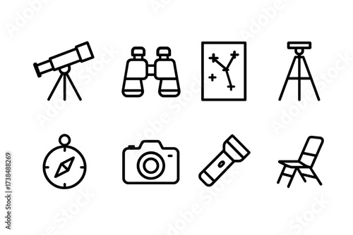 Stargazing Equipment Icons. Outline icon set of stargazing equipment: telescope, binoculars, star map, tripod, compass, camera, flashlight, observation chair.