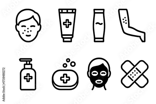 Medicated Skincare Icons. Solid, filled icon set of medicated skin care: acne treatment, medicated moisturizer, anti-itch cream, psoriasis treatment, medicated