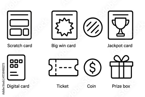 Scratch Card Icons. Outline icon set of scratch card types: standard card, big win card, instant win, jackpot card, digital card, ticket, coin, prize box. Line