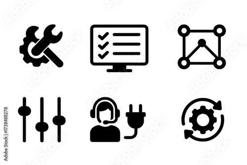 Technical Assistance Icons. Solid, filled icon set of technical assistance: wrench and gear, computer screen with checklist, tool kit, network connection,