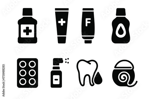Medicated Oral Care Icons. Solid, filled icon set of medicated oral care: medicated mouthwash, antiseptic gel, toothpaste with fluoride, dental