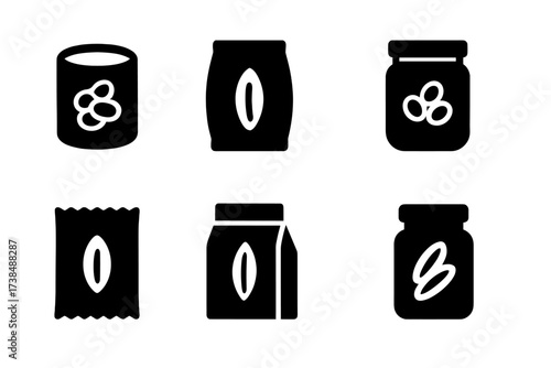 Rice and Beans Icons. Solid, filled icon set of rice and beans packaging: canned beans, rice bag, plastic container, mason jar, foil pack, paper bag, takeout
