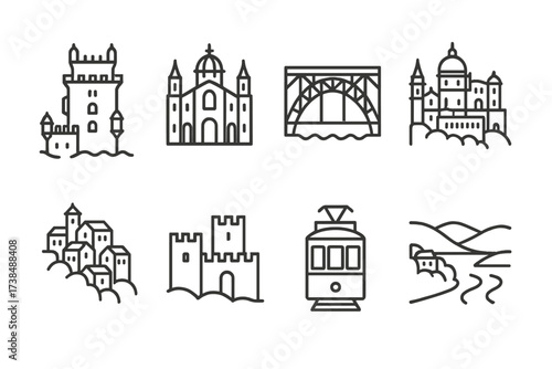Portuguese Landmark Icons. Outline icon set of Portuguese landmarks: Belem Tower, Jeronimos Monastery, Dom Luis Bridge, Pena Palace, Alfama district, Sintra