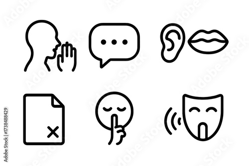 Whisper Icon Set. Solid, filled icon set of whisper: person whispering, speech bubble with dots, ear listening, lips close-up, secret note, shushing finger,