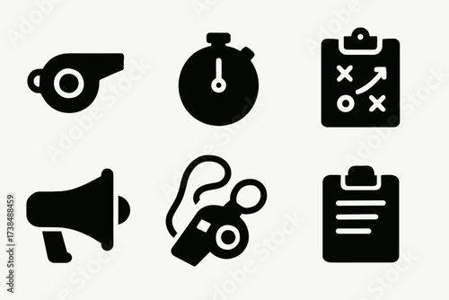 Coach Tools Icons. Solid, filled icon set of coach tools: whistle, stopwatch, clipboard, megaphone, whistle with lanyard, tactical board, clipboard with paper,