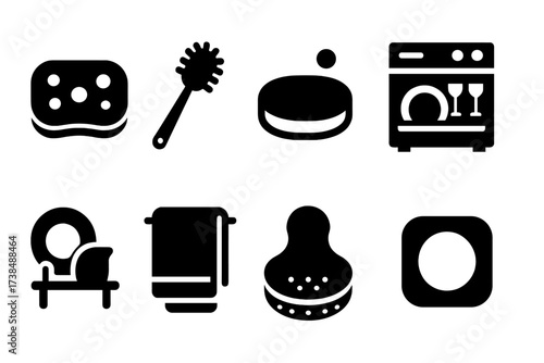 Mug Cleaning Icons. Solid, filled icon set of mug cleaning tools: sponge, brush, soap, dishwasher, drying rack, towel, scrubber, cleaning tablet. Solid, filled