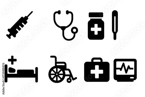 Medical Equipment Icons. Solid, filled icon set of medical equipment: syringe, stethoscope, pill bottle, thermometer, hospital bed, wheelchair, first aid kit,