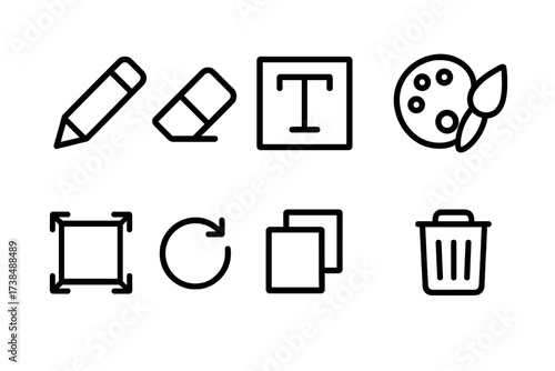 Label Editing Icons. Outline icon set of label editing and customization: pencil, eraser, text box, color picker, resize, rotate, duplicate, delete. Line icons
