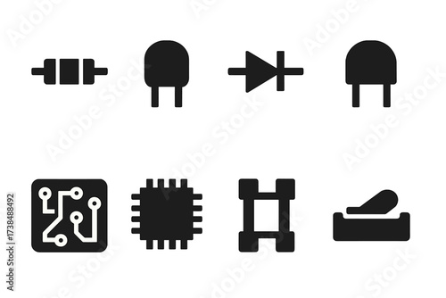 Electronic Component Icons. Solid, filled icon set of electronic components: resistor, capacitor, diode, transistor, circuit board, microchip, fuse, switch.