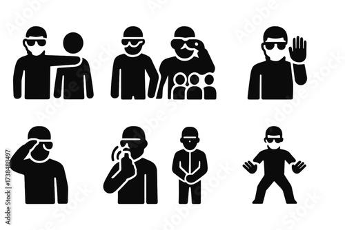 Bodyguard Actions Icons. Solid, filled icon set of bodyguard actions: shielding, escorting, scanning crowd, hand signaling, checking surroundings,