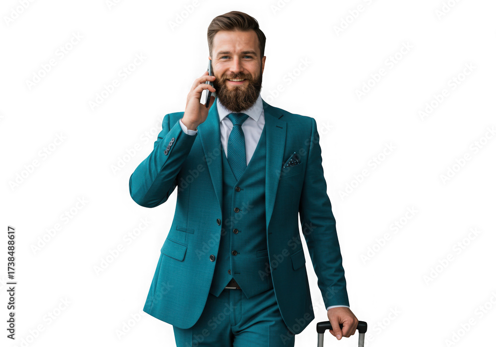 Fototapeta premium Man in teal suit talking on phone isolated on transparent background
