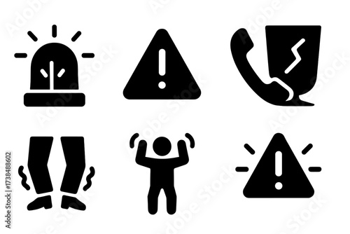 Panic Signal Icons. Solid, filled icon set of panic signals: siren light, alert icon, emergency call, broken glass, shaking legs, frantic arms, warning