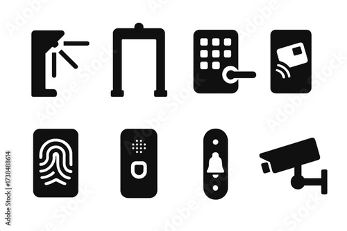 Entrance Control Icons. Solid, filled icon set of entrance control devices: turnstile, security gate, keypad lock, card reader, fingerprint scanner, intercom,