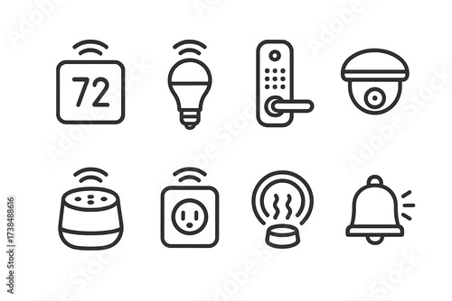 Smart Home Icon Set. Outline icon set of smart home devices: smart thermostat, smart light bulb, smart door lock, security camera, smart speaker, smart plug,