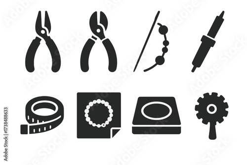 Bracelet Crafting Tools Icons. Solid, filled icon set of bracelet crafting tools: pliers, wire cutters, beading needle, soldering iron, measuring tape, design