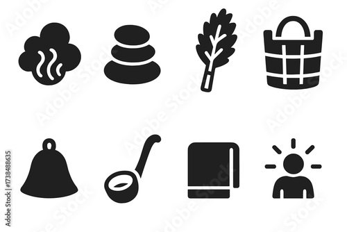 Sauna Wellness Icons. Solid, filled icon set of sauna wellness: steam cloud, hot stones, birch whisk, wooden bucket, sauna hat, water ladle, towel, spirit