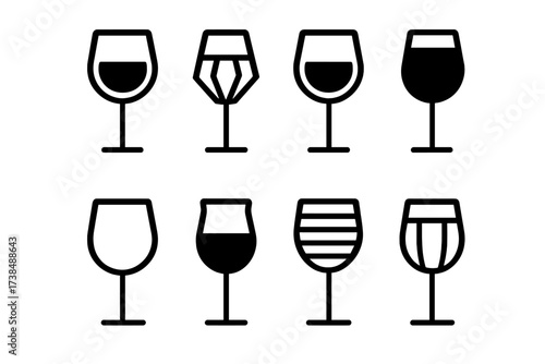 Diverse Wine Glass Icons. Solid, filled icon set of wine glass materials: glass, crystal, acrylic, plastic, stainless steel, ceramic, silicone, bamboo. Line
