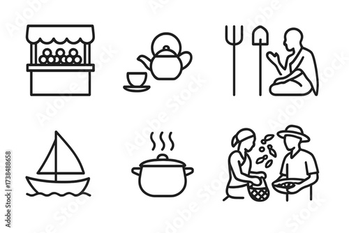 Kenyan Daily Life Icons. Outline icon set of Kenyan daily life: Market stall, Tea serving, Storytelling, Farming tools, Fishing boat, Cooking pot, Basket