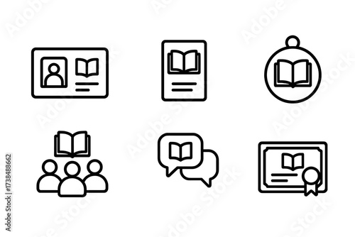 Book Club Icons. Outline icon set of book club membership: ID card, invitation, badge, group photo, chat, online profile, calendar reminder, membership