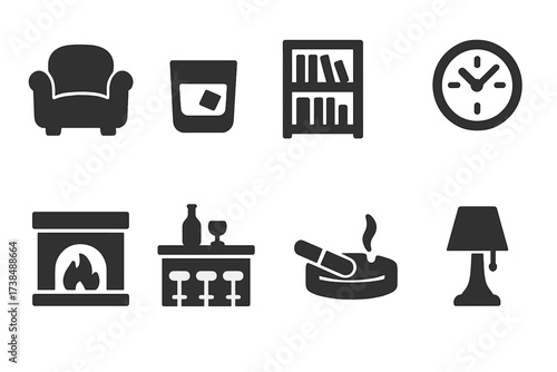 Cigar Lounge Icons. Solid, filled icon set of cigar lounge elements: armchair, whiskey glass, bookshelf, clock, fireplace, bar counter, ashtray, lamp. Solid,