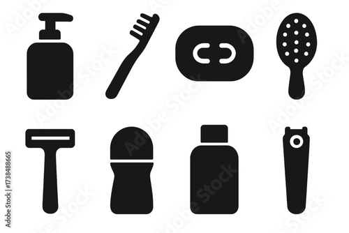 Personal Care Icons. Solid, filled icon set of personal care items: lotion bottle, toothbrush, soap bar, hairbrush, razor, deodorant, shampoo, nail clippers.
