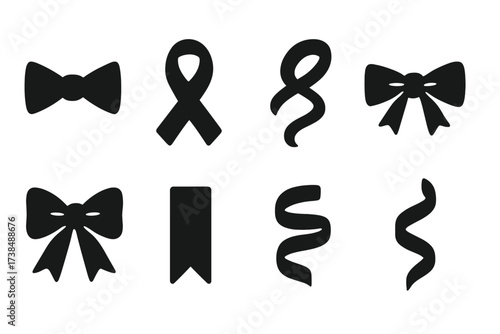 Ribbon Icon Set. Solid, filled icon set of ribbon shapes: bow tie ribbon, looped ribbon, curled ribbon, ribbon knot, layered bow, forked tail ribbon, spiral
