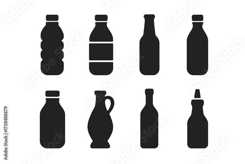 Bottle Icon Grid. Solid, filled icon set of bottle contents: water bottle, juice bottle, beer bottle, soda bottle, milk bottle, oil bottle, wine bottle, sauce