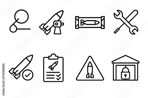 Missile Safety Icons. Outline icon set of missile safety and storage: safety pin, arming device, transport container, maintenance tools, launch authorization,