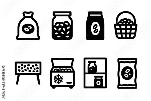 Bean Storage Icons. Solid, filled icon set of bean pod storage: sack, glass jar, sealed bag, basket, drying rack, freezer, pantry shelf, vacuum pack. [Line