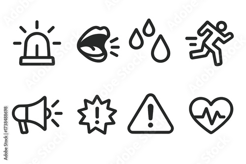 Crisis Panic Icons Set. Solid, filled icon set of crisis panic: emergency siren, shouting mouth, sweat drops, frantic legs, loudspeaker, flashing exclamation,