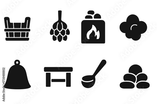 Russian Bath Icons. Solid, filled icon set of bannik (??????? ????): wooden bucket, birch broom (venik), stove (????), steam cloud, sauna hat, wooden bench,