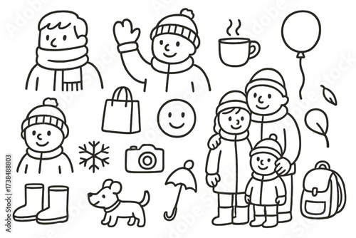 Winter Market Joy. Hand-drawn doodle illustration Winter market visitors person with scarf, person with mittens, child with hat, hot drink cup, shopping bag,