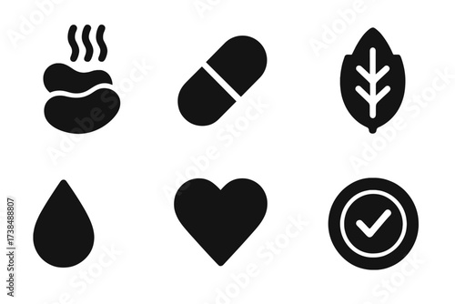 Steamed Beans Nutrition Icons. Solid, filled icon set of steamed beans nutrition: protein symbol, vitamin capsule, calorie count, fiber icon, water drop, heart