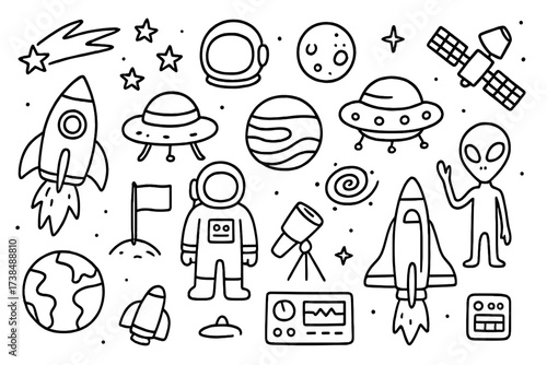 Space Journey Doodle. Hand-drawn doodle illustration space journey rocket, astronaut, planet, stars, moon, satellite, telescope, space helmet, comet, alien,
