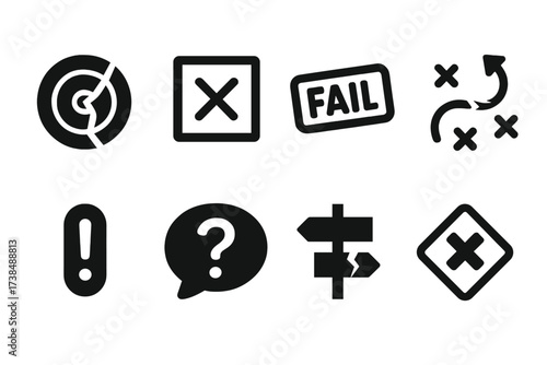Decision Failure Icons. Solid, filled icon set of decision failure: shattered target, wrong box checked, fail stamp, broken strategy, exclamation mark,