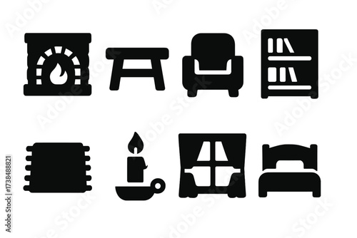Log Cabin Icons. Solid, filled icon set of log cabin interior elements: fireplace, wooden table, armchair, bookshelf, rug, candle, window with curtains, bed.